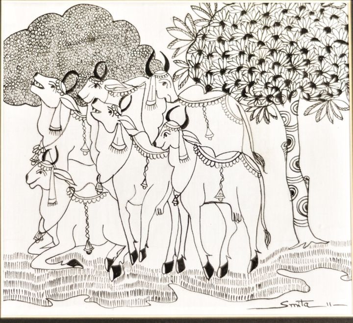 Painting titled "Cows in monochrome" by Smita Aloni, Original Artwork