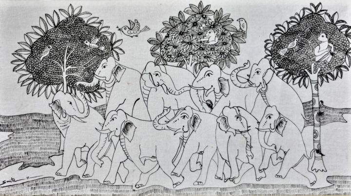 Pintura intitulada "Elephants in monoch…" por Smita Aloni, Obras de arte originais