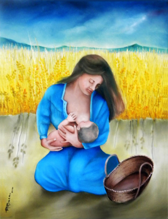 Painting titled "Mother and Child" by Miriam Besa, Original Artwork, Oil