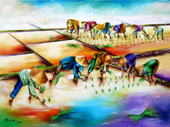 Painting titled "Planting Rice" by Miriam Besa, Original Art, Oil