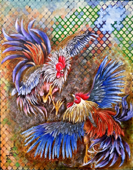 Painting titled "Cockfight 2" by Miriam Besa, Original Artwork, Oil