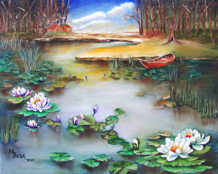 Painting titled "Waterlilies at Dusk" by Miriam Besa, Original Artwork, Oil