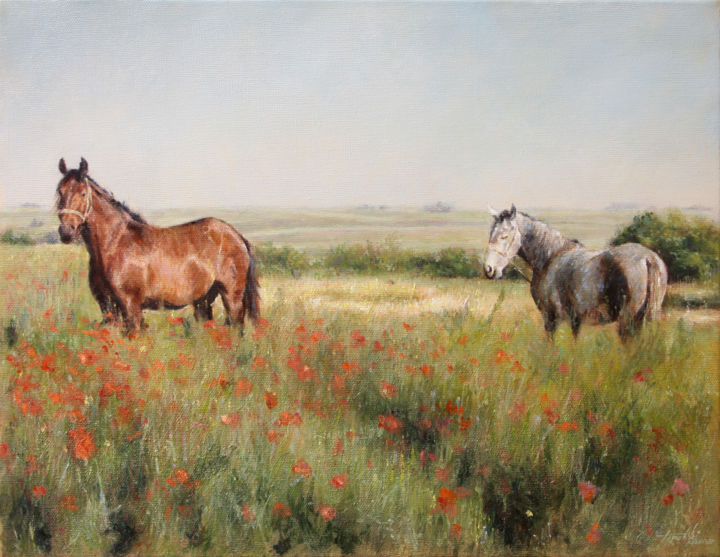 Painting titled "Horses in a Poppy f…" by Darko Topalski, Original Artwork, Oil