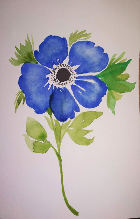 Painting titled "Blue Flower" by Mitzi Lima, Original Artwork, Watercolor