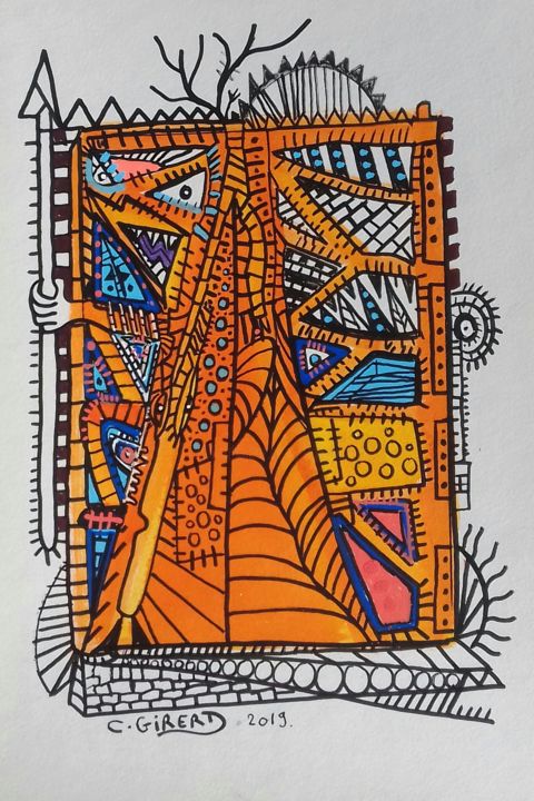 Dessin intitulée "guerrier et arbre" par Girerd Christophe, Œuvre d'art originale, Crayon