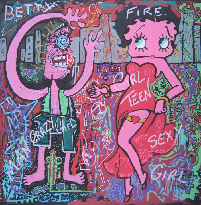 Schilderij getiteld "Betty met le feu;" door Girerd Christophe, Origineel Kunstwerk, Acryl