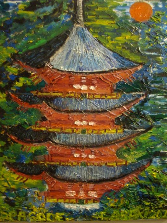 Painting titled "Pagode" by Toshio Asaki, Original Artwork, Oil