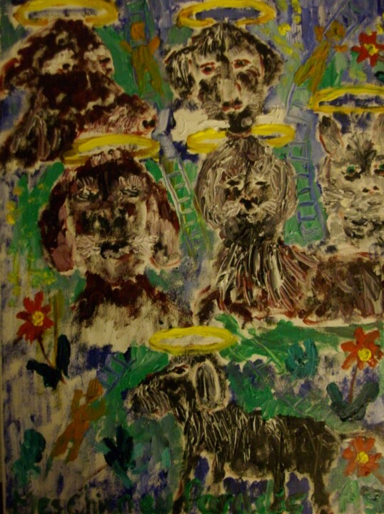 Peinture intitulée "Mes chiens au parad…" par Toshio Asaki, Œuvre d'art originale, Huile