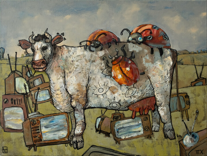 Painting titled "Terrible cow" by Tot_chuvak, Original Artwork, Acrylic Mounted on Wood Stretcher frame
