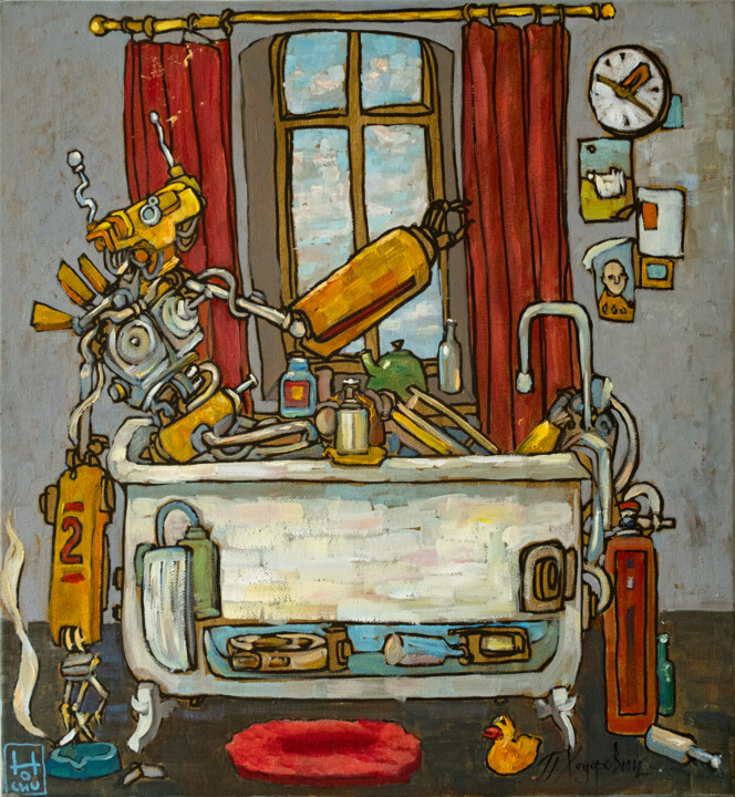 Schilderij getiteld "Naked in bathroom" door Tot_chuvak, Origineel Kunstwerk, Olie Gemonteerd op Frame voor houten brancard