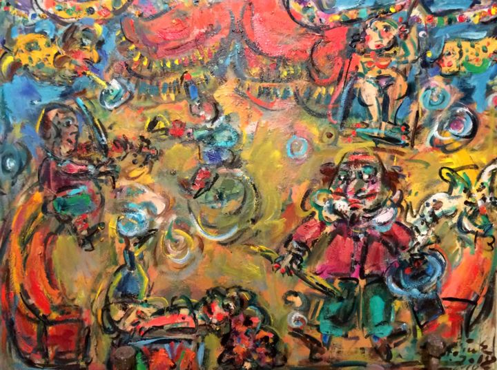 Painting titled "Circus / Cirque" by Erno Toth, Original Art, Oil