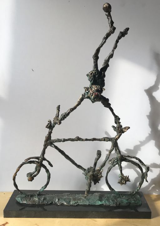 Sculpture titled "Bicycle acrobat" by Erno Toth, Original Artwork, Bronze