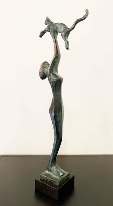 Sculpture titled "Playing with a cat" by Kristof Toth, Original Artwork, Bronze