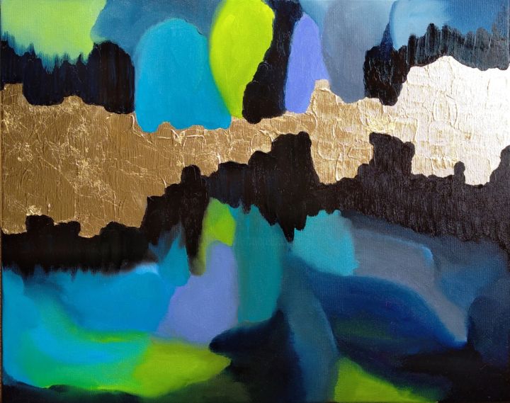 Painting titled "BLUE AND GOLD" by Monika Toth, Original Art, Oil