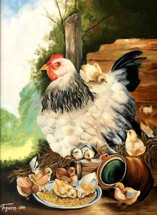 Картина под названием "Farm hen with chick…" - Tasneem Najjari, Подлинное произведение искусства, Масло