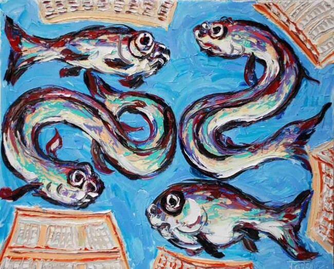 Pittura intitolato "peces en el cielo,…" da Totom, Antonio Garcia Calvente (1957-2015), Opera d'arte originale, Olio