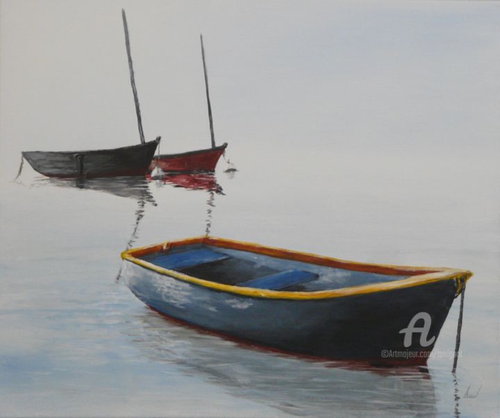 Painting titled "3 barques" by Serge Toulgoat, Original Artwork, Acrylic Mounted on Wood Stretcher frame