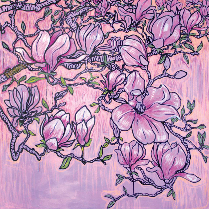 Painting titled "Magnolias" by Toumire, Original Artwork, Acrylic Mounted on Wood Stretcher frame