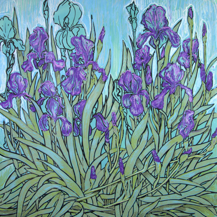 Malarstwo zatytułowany „grandes Iris” autorstwa Toumire, Oryginalna praca, Akryl Zamontowany na Drewniana rama noszy