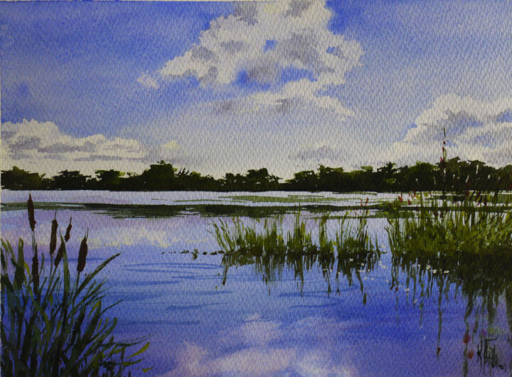 Pintura intitulada "O lago" por Tozé Baião, Obras de arte originais, Aquarela