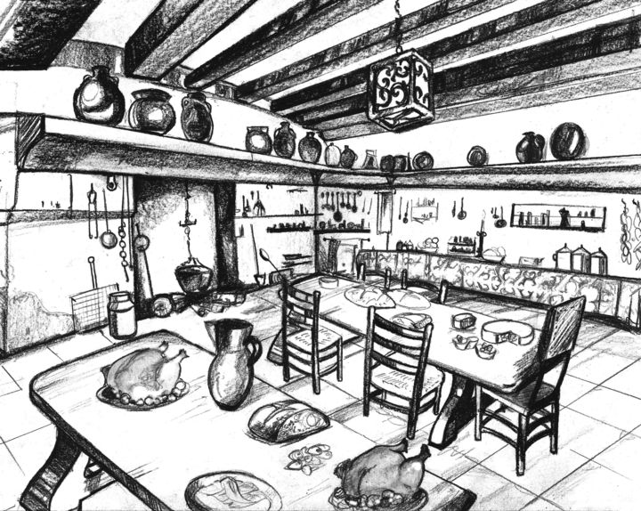 Tekening getiteld "kitchen" door Cesar Aguilar (Raçe), Origineel Kunstwerk, Potlood