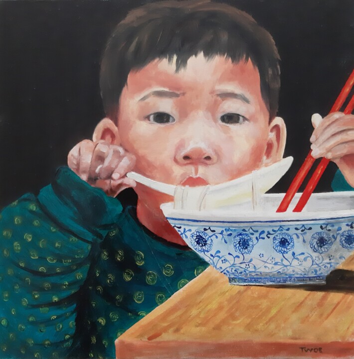 Schilderij getiteld "Ramen" door Tracy Woe, Origineel Kunstwerk, Olie