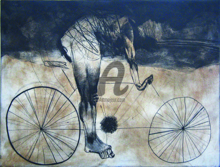 Prenten & gravures getiteld "BICYCLIST" door Goce Trajkovski, Origineel Kunstwerk, Gravure