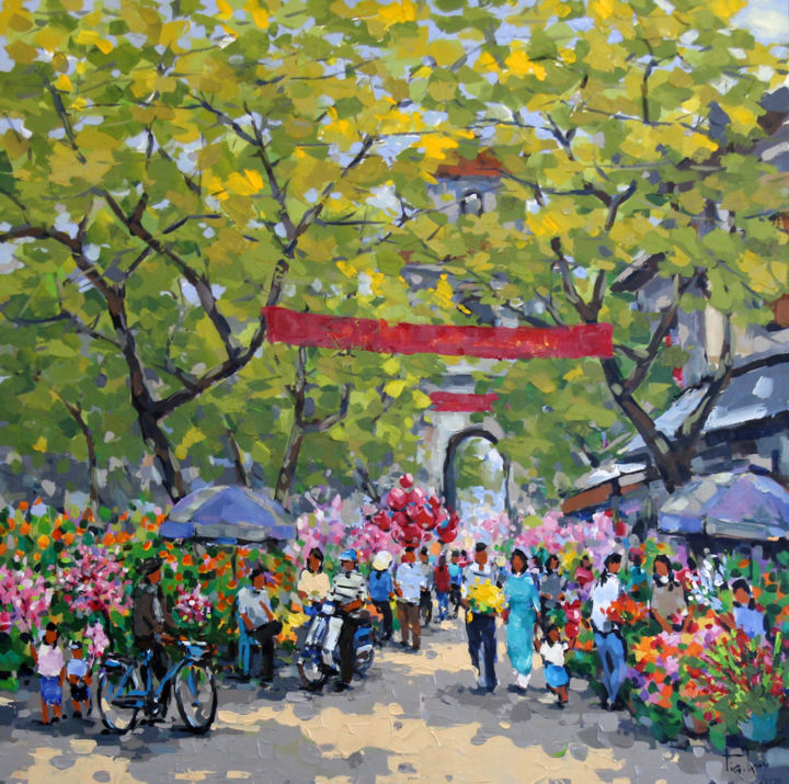 Schilderij getiteld "Tet flower market i…" door Anh Huy Tran, Origineel Kunstwerk, Acryl