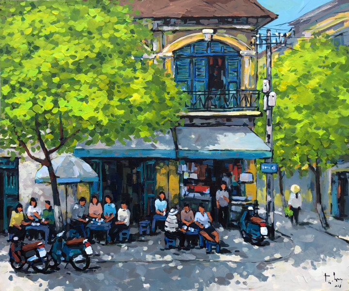 Schilderij getiteld "Street cafe shop in…" door Anh Huy Tran, Origineel Kunstwerk, Acryl