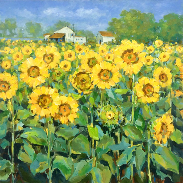 Painting titled "Sunflower field in…" by Anh Huy Tran, Original Artwork, Acrylic