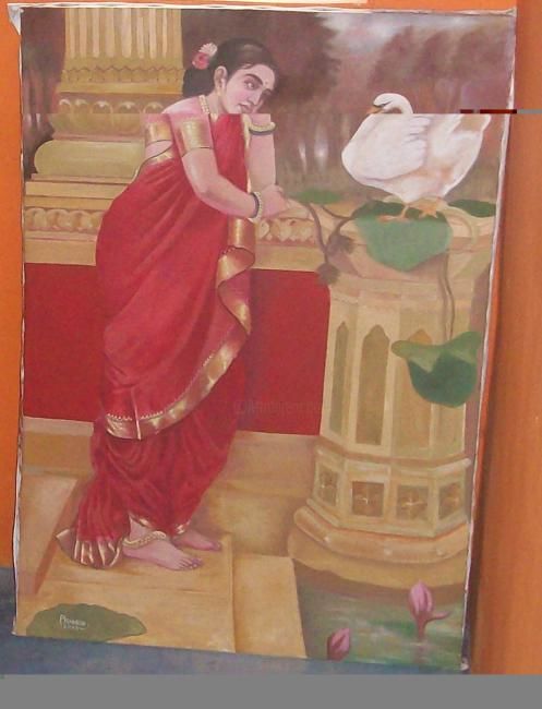 Malerei mit dem Titel "Hamsa Damayanti" von Pramod Kumar, Original-Kunstwerk