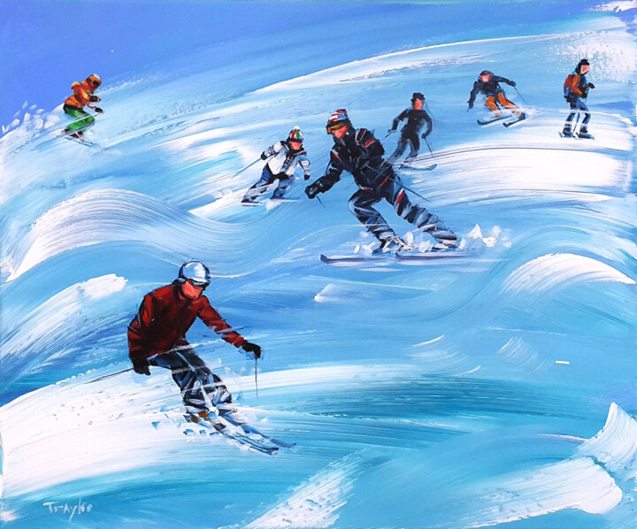 Painting titled "Skiing. Skiers. Win…" by Trayko Popov, Original Artwork, Acrylic Mounted on Wood Stretcher frame