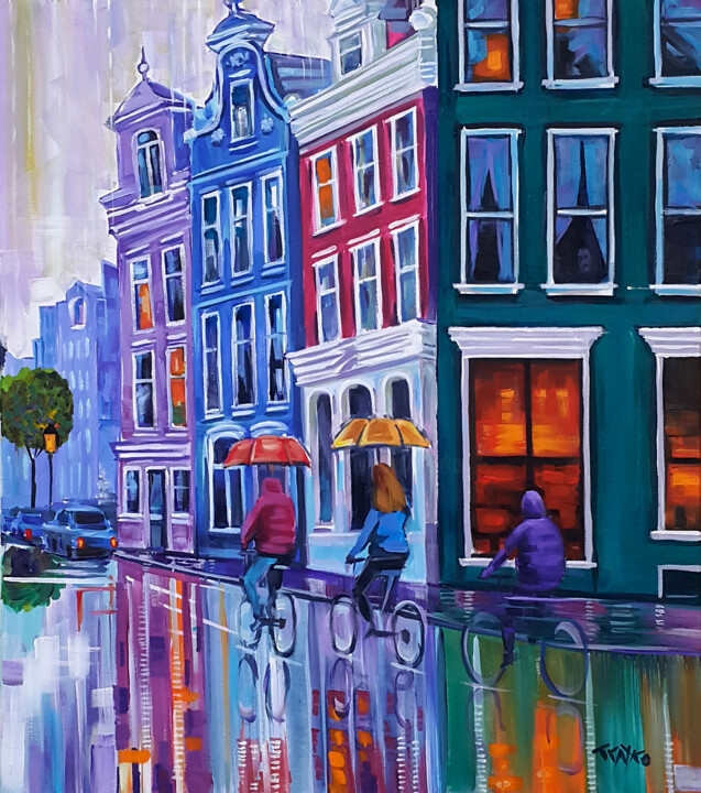 Painting titled "Streets of Amsterdam" by Trayko Popov, Original Artwork, Acrylic