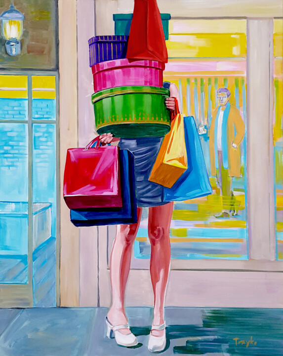 Painting titled "Shopping" by Trayko Popov, Original Artwork, Acrylic Mounted on Wood Stretcher frame