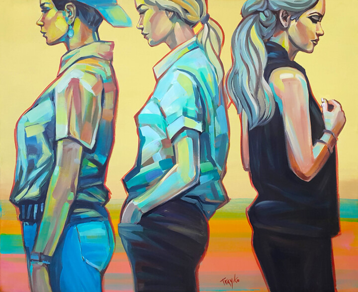 Peinture intitulée "Three Girls" par Trayko Popov, Œuvre d'art originale, Acrylique Monté sur Châssis en bois