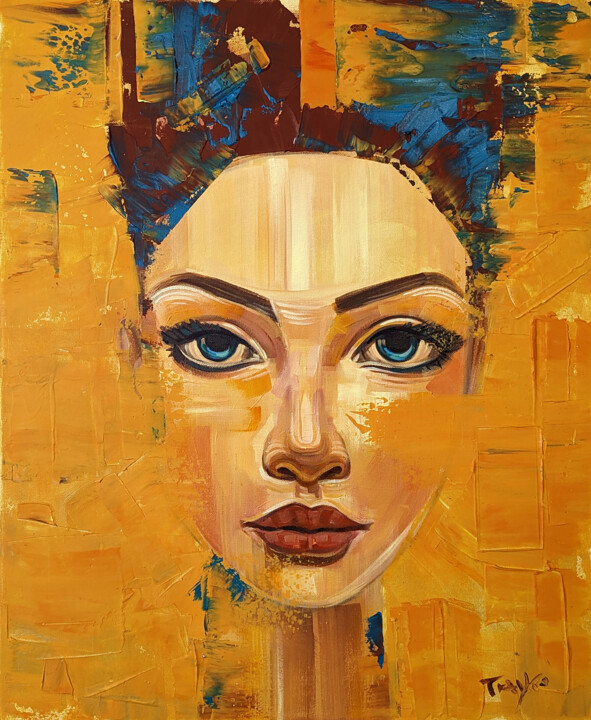 Painting titled "Her Blue Eyes" by Trayko Popov, Original Artwork, Acrylic Mounted on Wood Stretcher frame