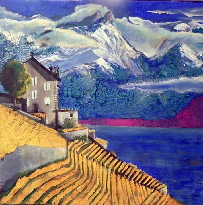 Schilderij getiteld "vue sur le lac" door Tatyana Tretyakova, Origineel Kunstwerk, Acryl