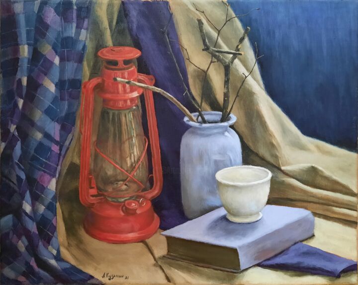Картина под названием "Натюрморт с лампой" - Алексей Кузьмин, Подлинное произведение искусства, Масло Установлен на Деревянн…