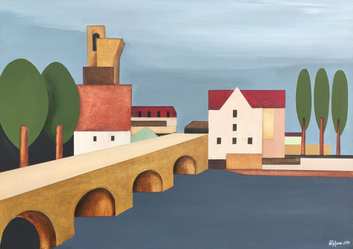 Painting titled "The French Bridge" by Alexander Trifonov, Original Artwork, Oil Mounted on Wood Stretcher frame