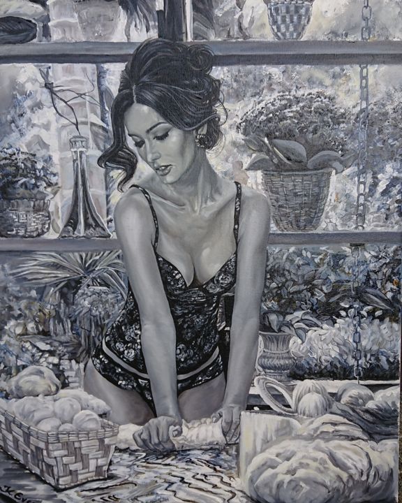 Painting titled "Woman kneading bread" by Katerina Evgenieva, Original Artwork, Oil