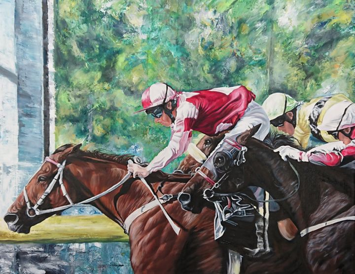 Painting titled "Racing horses" by Katerina Evgenieva, Original Artwork, Oil