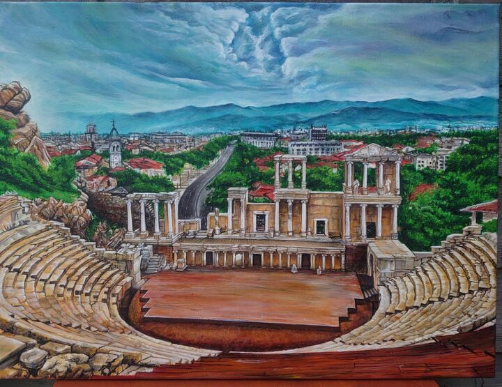 Картина под названием "The Antique Theater…" - Katerina Evgenieva, Подлинное произведение искусства, Масло