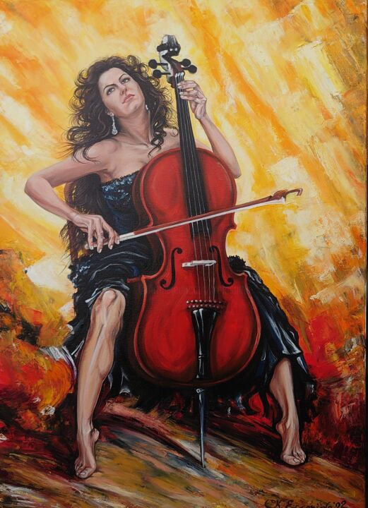 Ζωγραφική με τίτλο "Woman playing a celo" από Katerina Evgenieva, Αυθεντικά έργα τέχνης, Λάδι