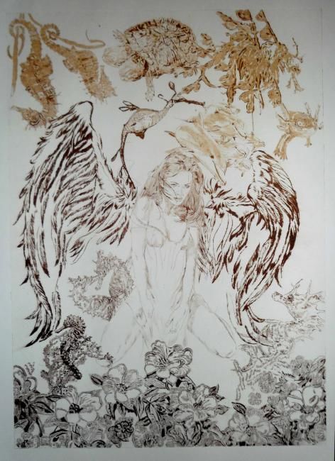 Gravures & estampes intitulée "Dream angel 1" par Katerina Evgenieva, Œuvre d'art originale, Gravure
