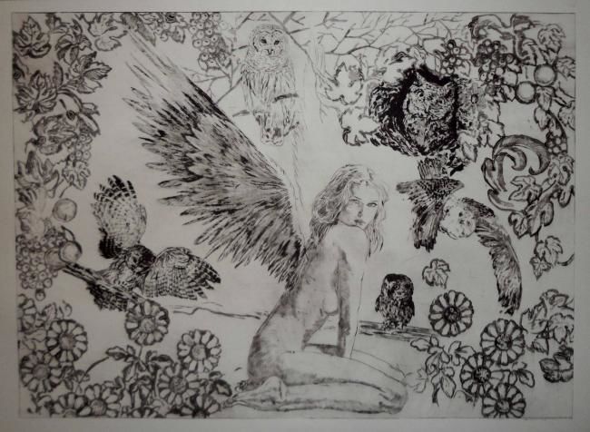 Gravures & estampes intitulée "Dream angel 3" par Katerina Evgenieva, Œuvre d'art originale, Gravure