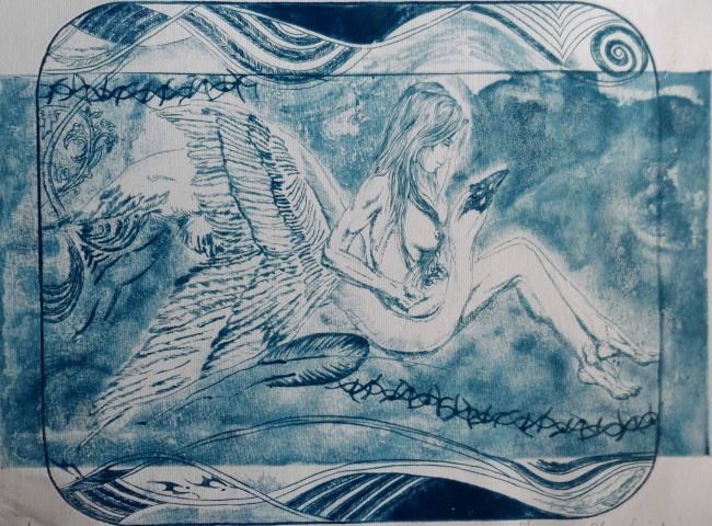 Gravures & estampes intitulée "Leda and swan 1" par Katerina Evgenieva, Œuvre d'art originale, Gravure