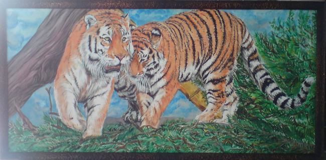 Painting titled "Tiger's family" by Katerina Evgenieva, Original Artwork