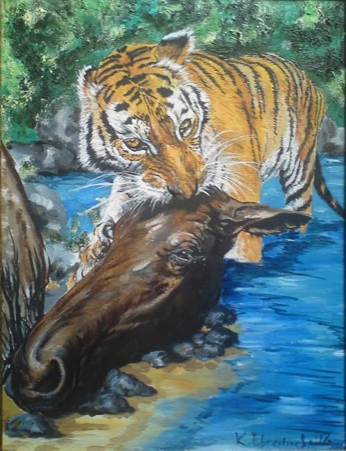 Pittura intitolato "Tiger hunt" da Katerina Evgenieva, Opera d'arte originale