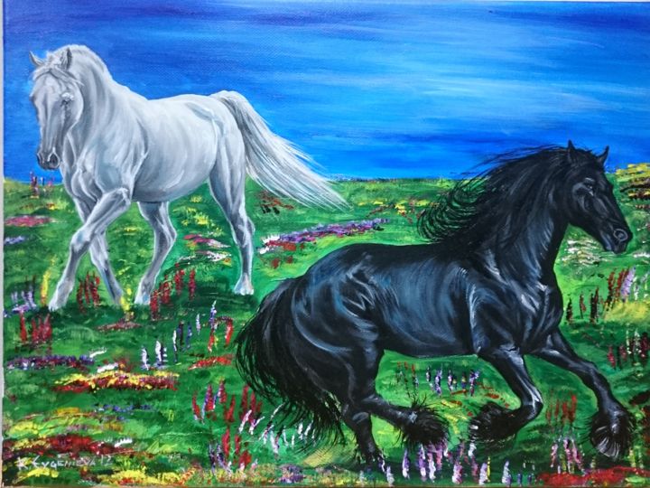 Pittura intitolato "Horses to the field" da Katerina Evgenieva, Opera d'arte originale, Olio