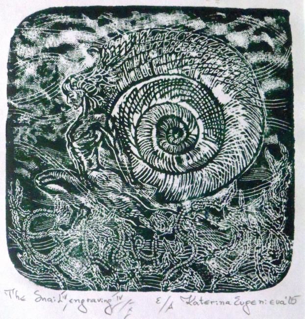 Incisioni, stampe intitolato "the snail 4" da Katerina Evgenieva, Opera d'arte originale, Incisioni su linoleum